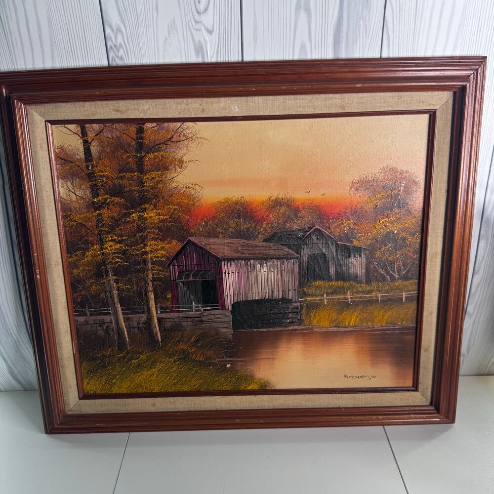 Vintage K Michaelson Autumn Covered Bridge Landscape Oil Canvas Painting 24x21